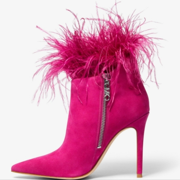 Michael Kors Whitby Hot Pink Ostrich Suede & Feather High Heel Bootie MULTI SZS - Picture 3 of 16